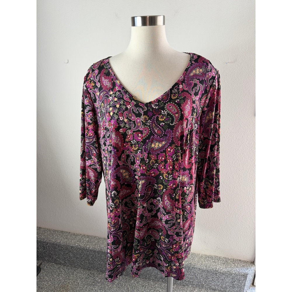 Roz & Ali Womens Plus 2X Tunic Top Paisley Floral V Neck 3/4 Sleeve Blouse
